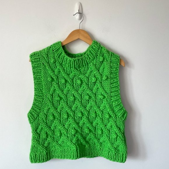 Zara Limited Edition Cable Knit Dot Sleeveless Sweater Vest Green Sz Small - Picture 6 of 11